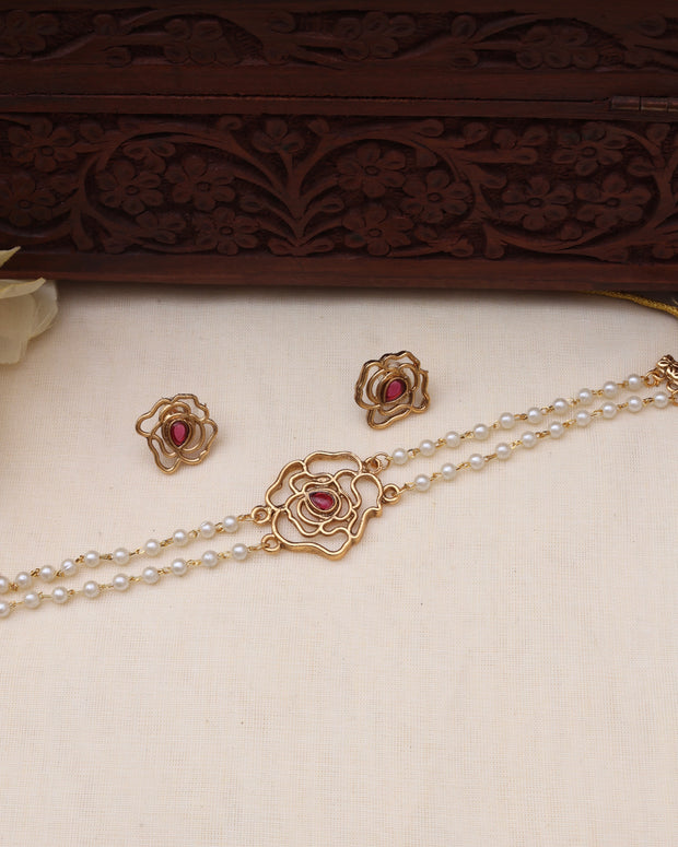 Flower pearl choker Ruby-JS 0116