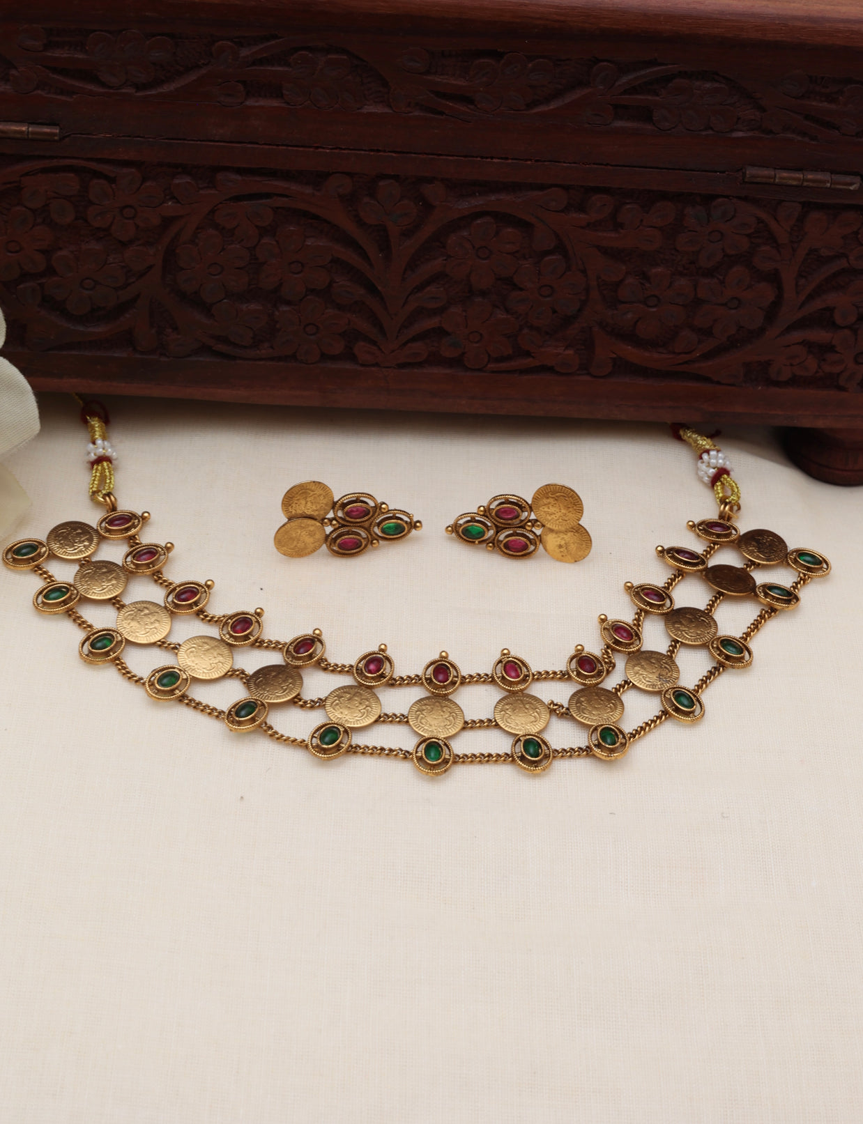 3 Layer Ruby And Emerald Coin Choker Set