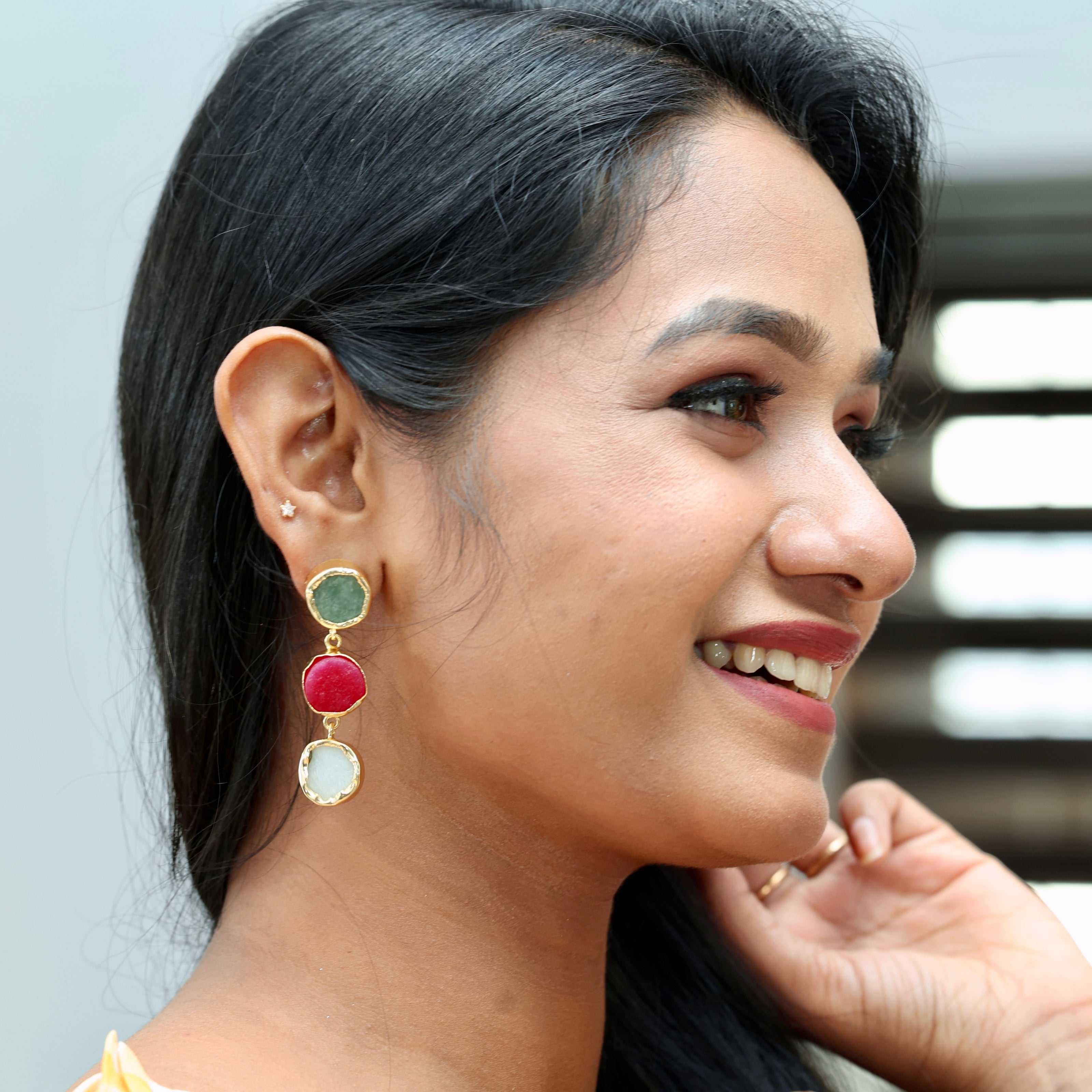 Trio Charm Multicolour Natural Stone Earrings 18K Gold Plated