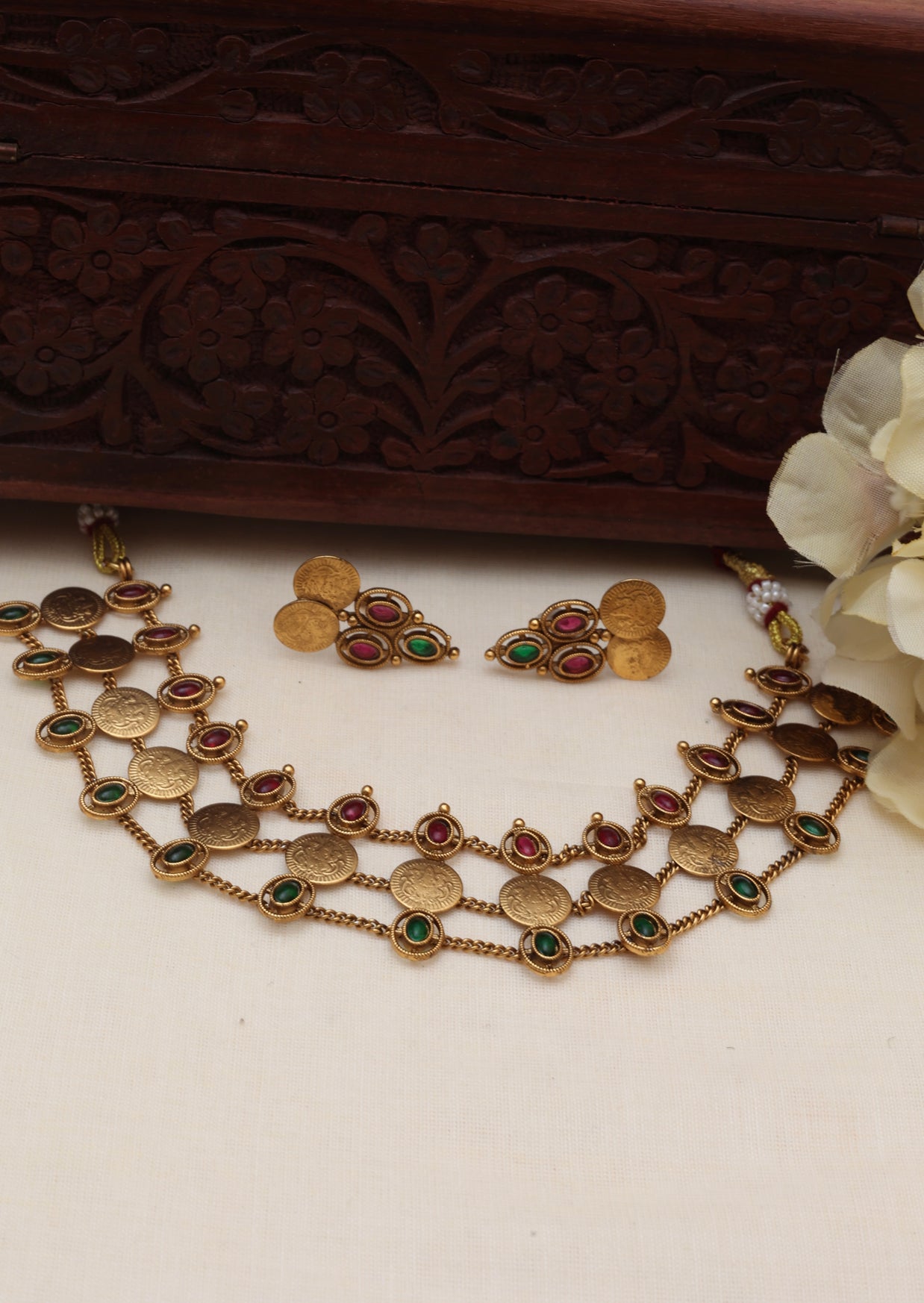 3 Layer Ruby And Emerald Coin Choker Set