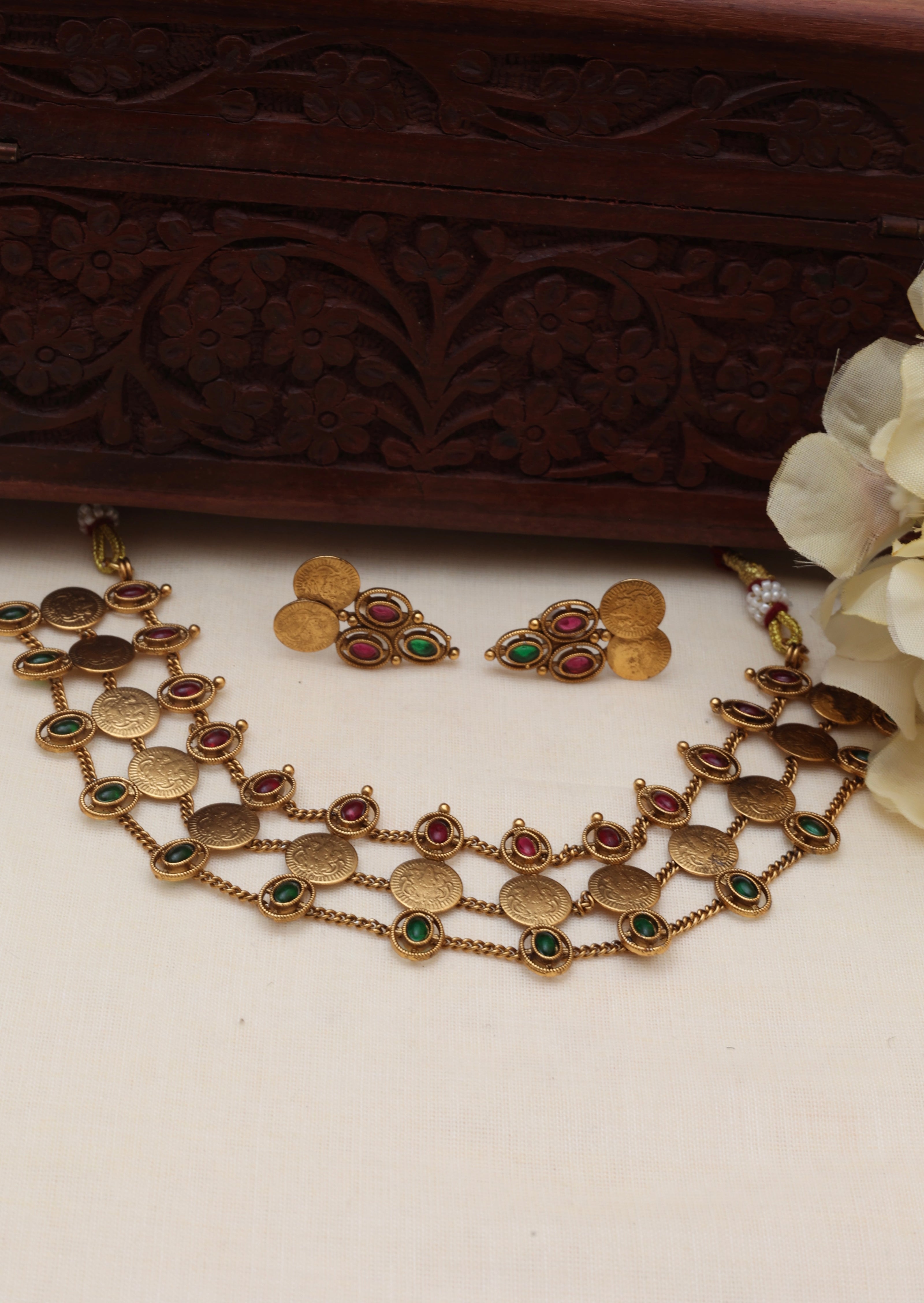 3 Layer Ruby And Emerald Coin Choker Set