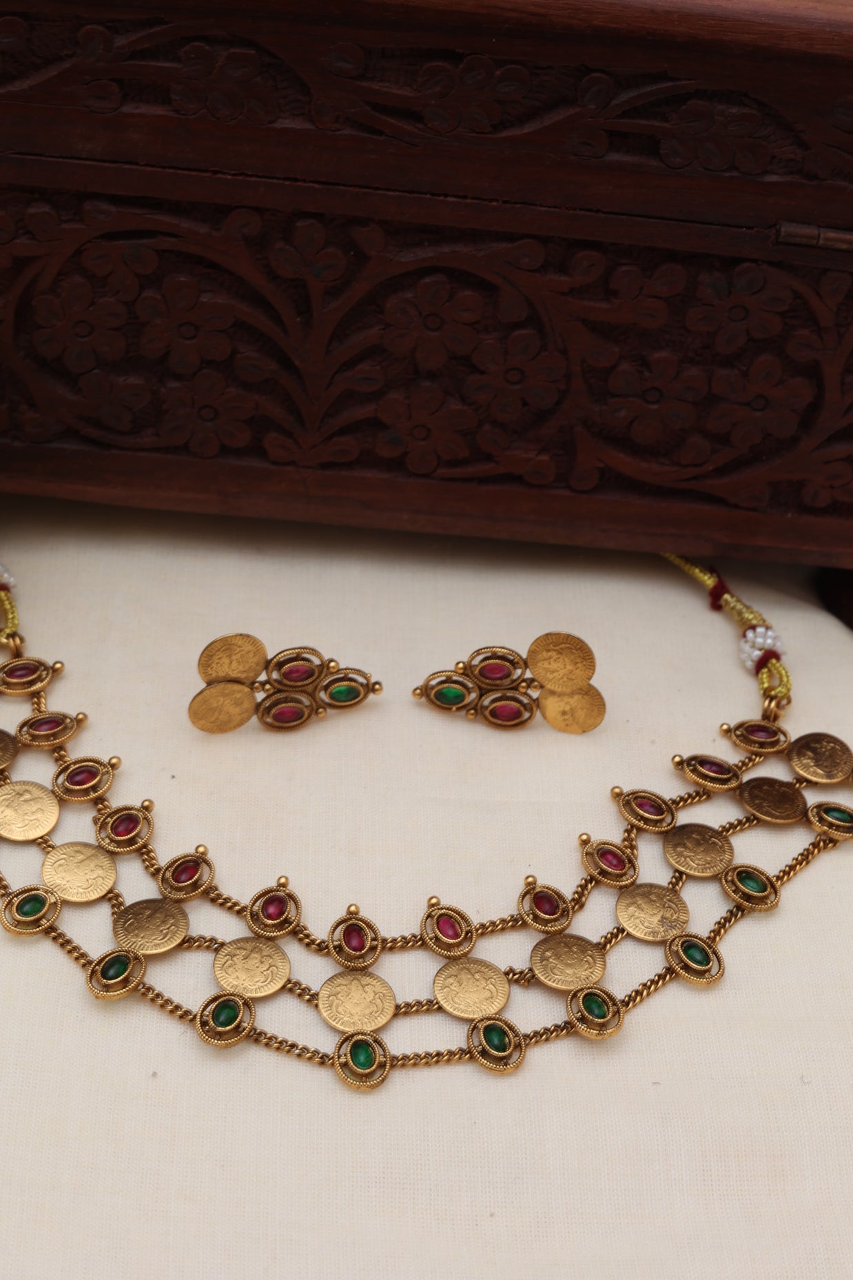 3 Layer Ruby And Emerald Coin Choker Set
