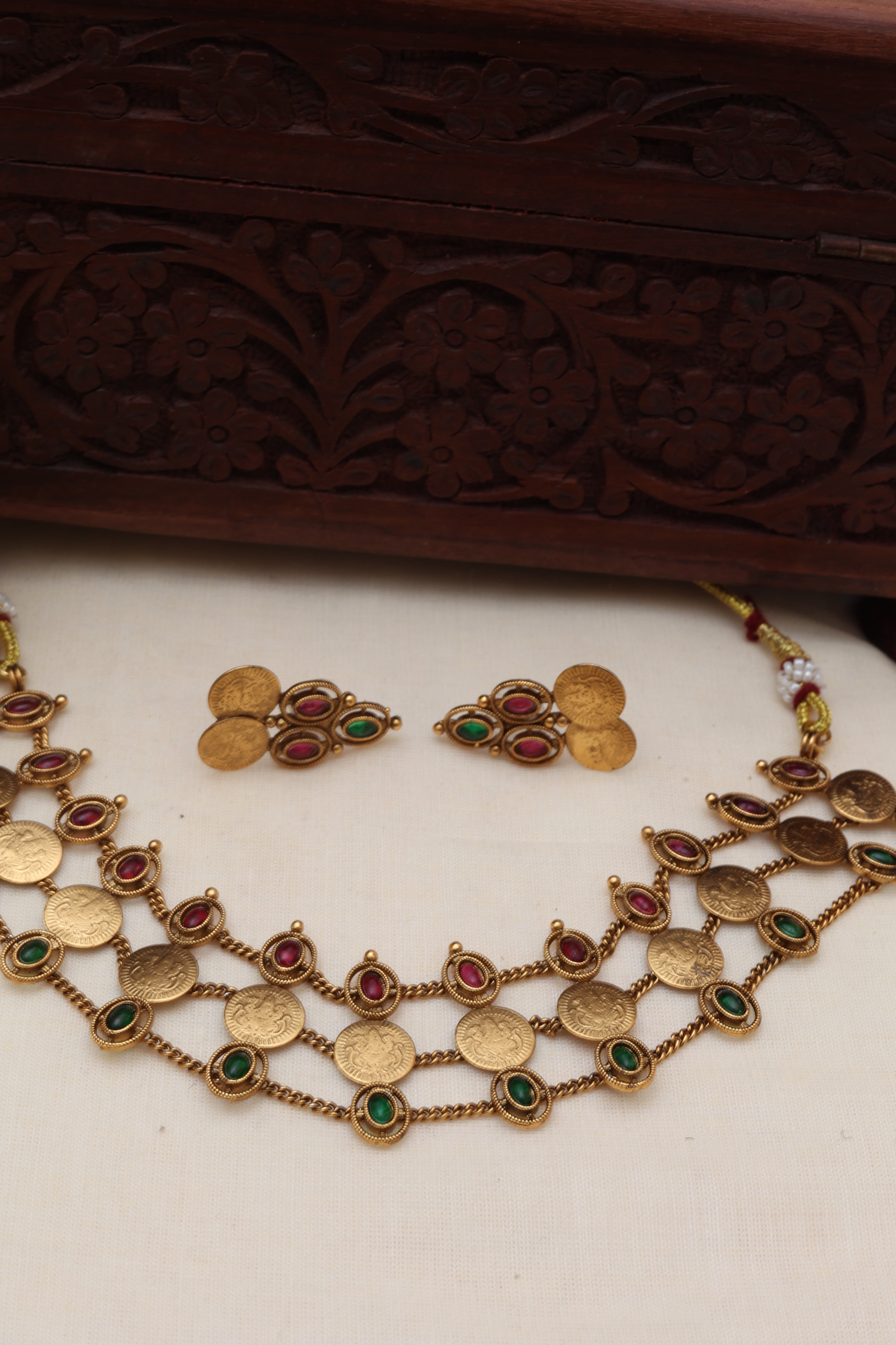 3 Layer Ruby And Emerald Coin Choker Set