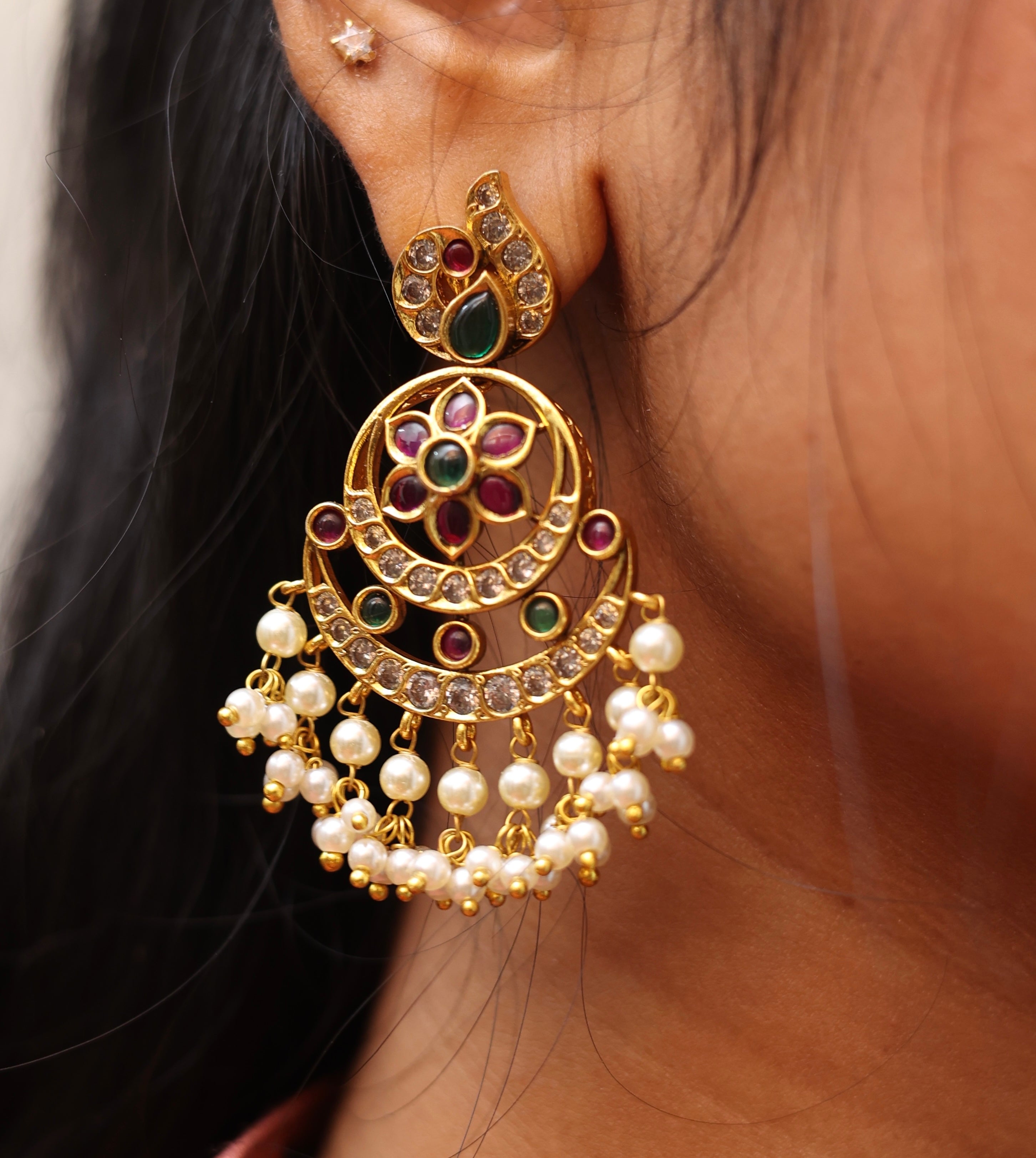Kemp Chandhbali Earrings With Pearl Drops