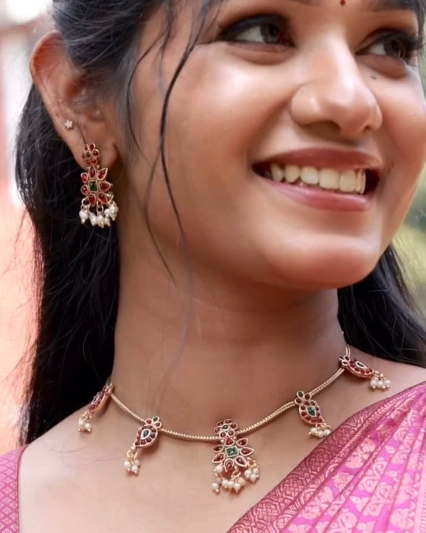 Ruby Emerald Necklace Set With Pearls