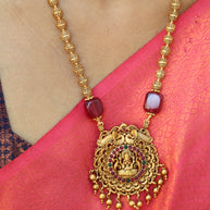 Antique Golden Beads Haaram With Stone Embedded Lakshmi Pendant