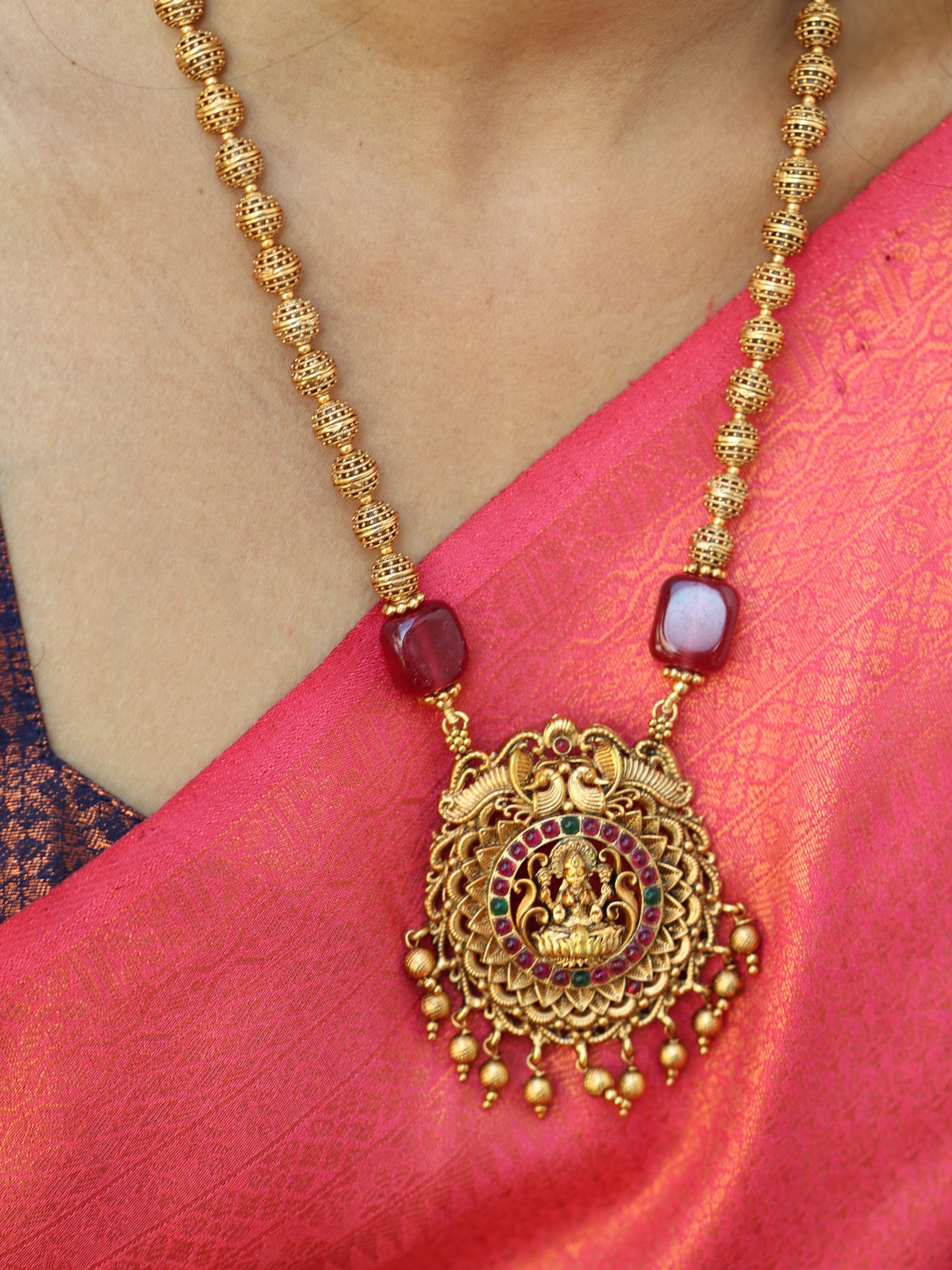 Antique Golden Beads Haaram With Stone Embedded Lakshmi Pendant