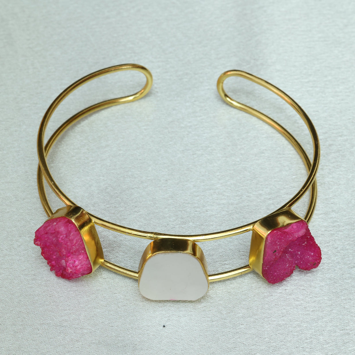 Vibrant Natural Stone Adjustable Handcuff With Mother Of Pearl 18K Gold Plated