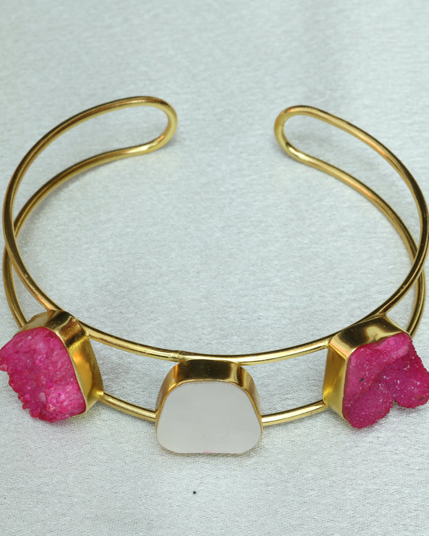 Vibrant Natural Stone Adjustable Handcuff With Mother Of Pearl 18K Gold Plated