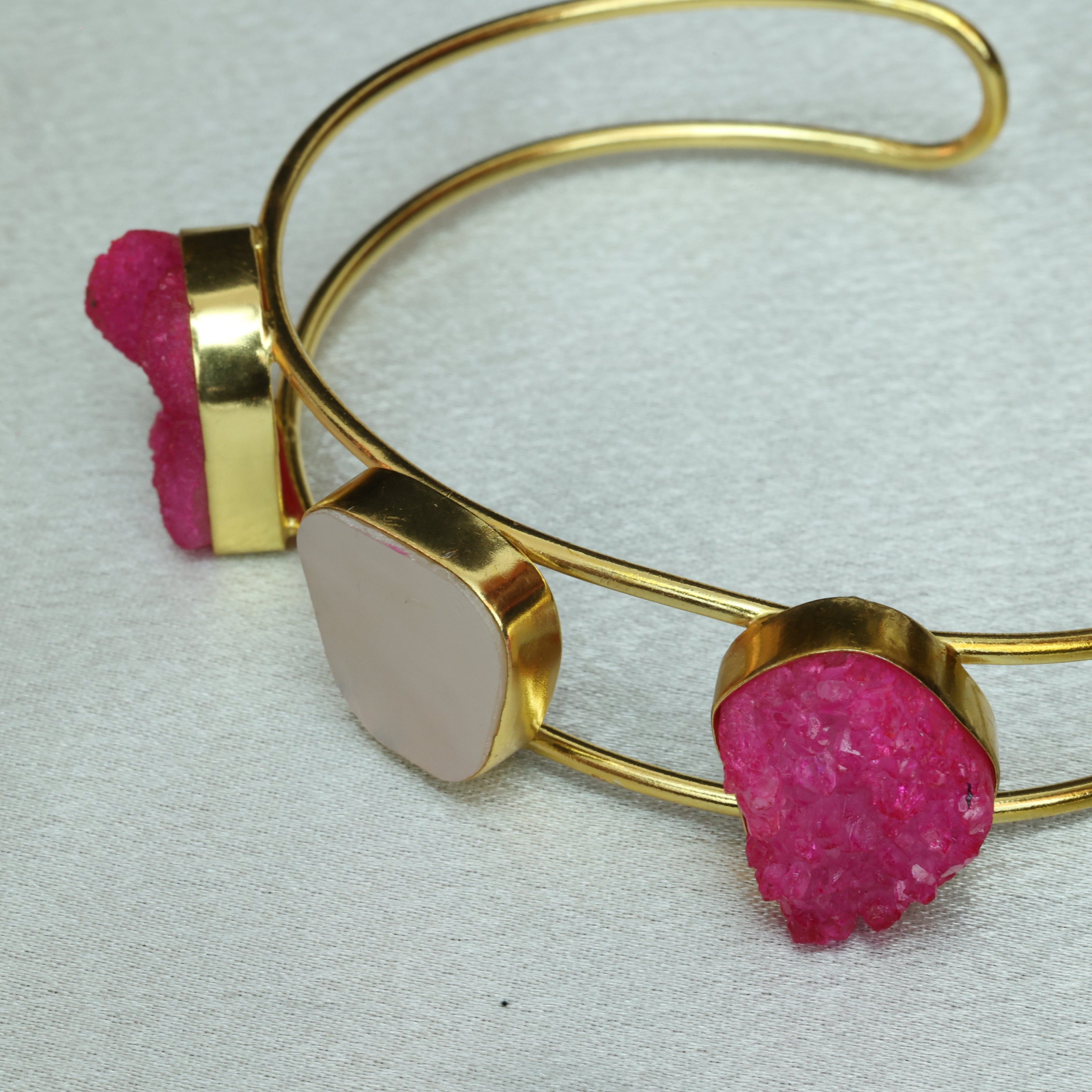 Vibrant Natural Stone Adjustable Handcuff With Mother Of Pearl 18K Gold Plated