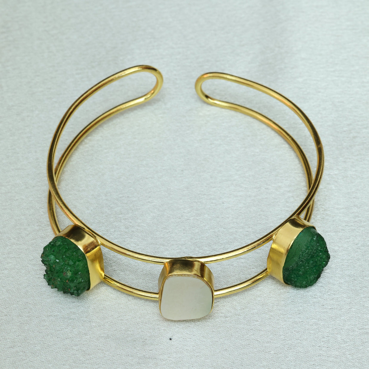 Vibrant Natural Stone Adjustable Handcuff With Mother Of Pearl 18K Gold Plated