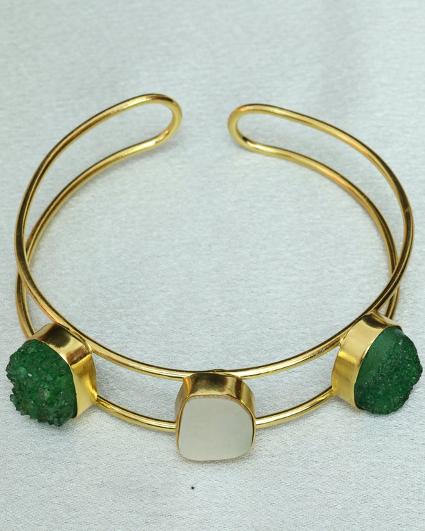 Vibrant Natural Stone Adjustable Handcuff With Mother Of Pearl 18K Gold Plated