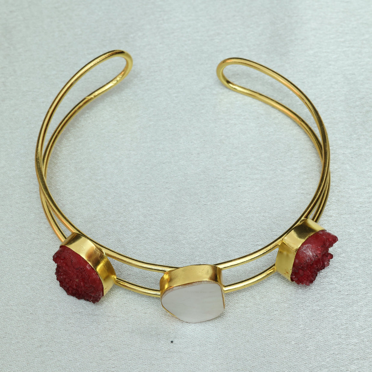 Vibrant Natural Stone Adjustable Handcuff With Mother Of Pearl 18K Gold Plated