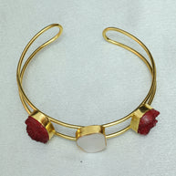 Vibrant Natural Stone Adjustable Handcuff With Mother Of Pearl 18K Gold Plated