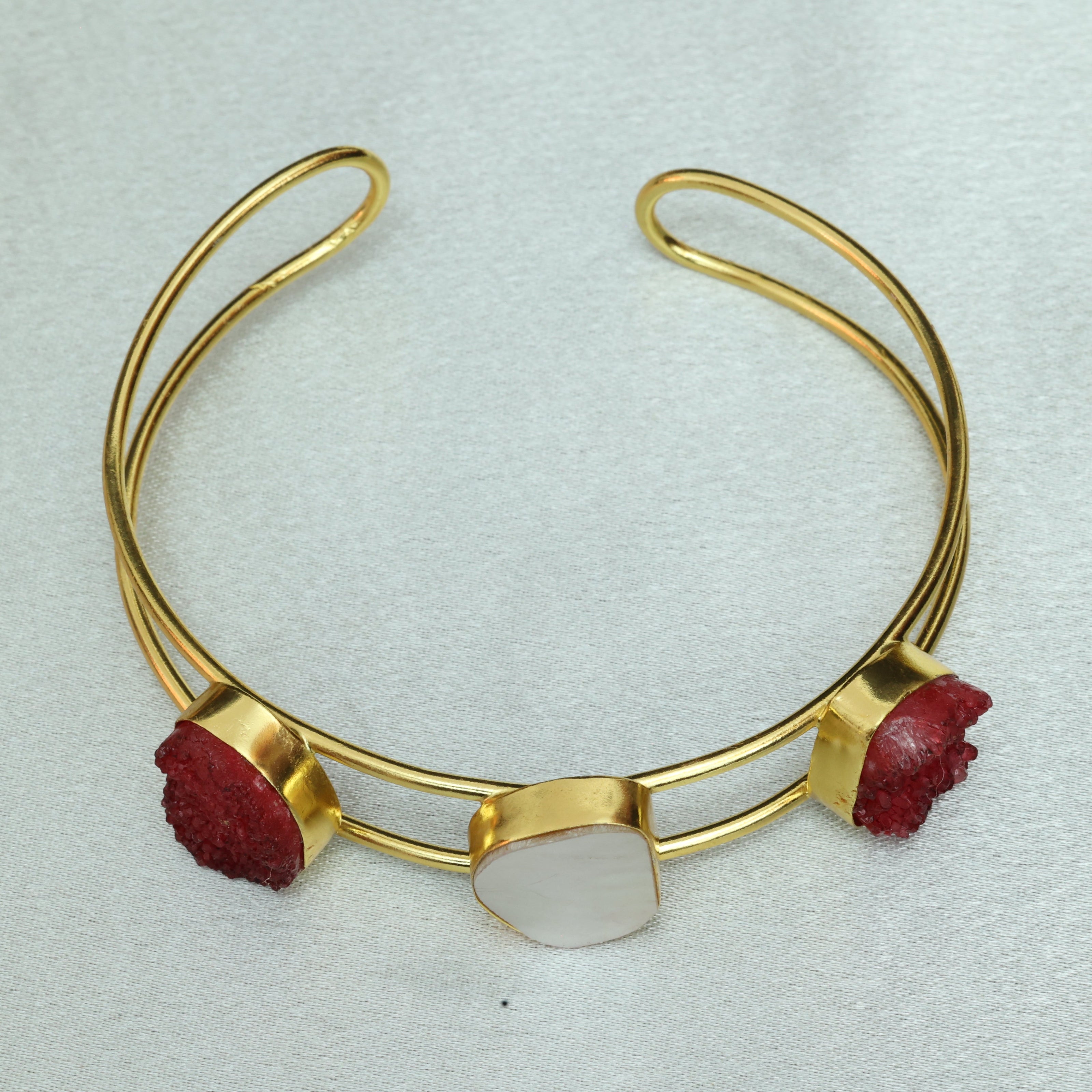 Vibrant Natural Stone Adjustable Handcuff With Mother Of Pearl 18K Gold Plated