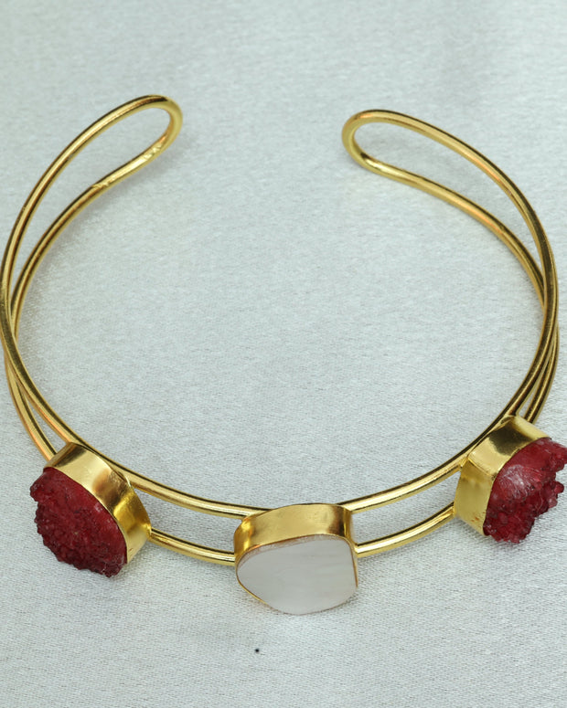Vibrant Natural Stone Adjustable Handcuff With Mother Of Pearl 18K Gold Plated