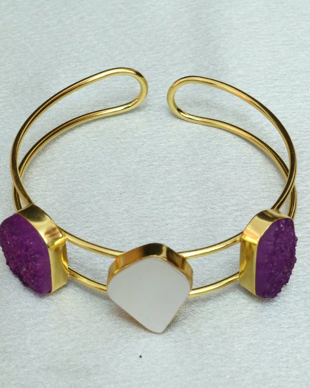 Vibrant Natural Stone Adjustable Handcuff With Mother Of Pearl 18K Gold Plated