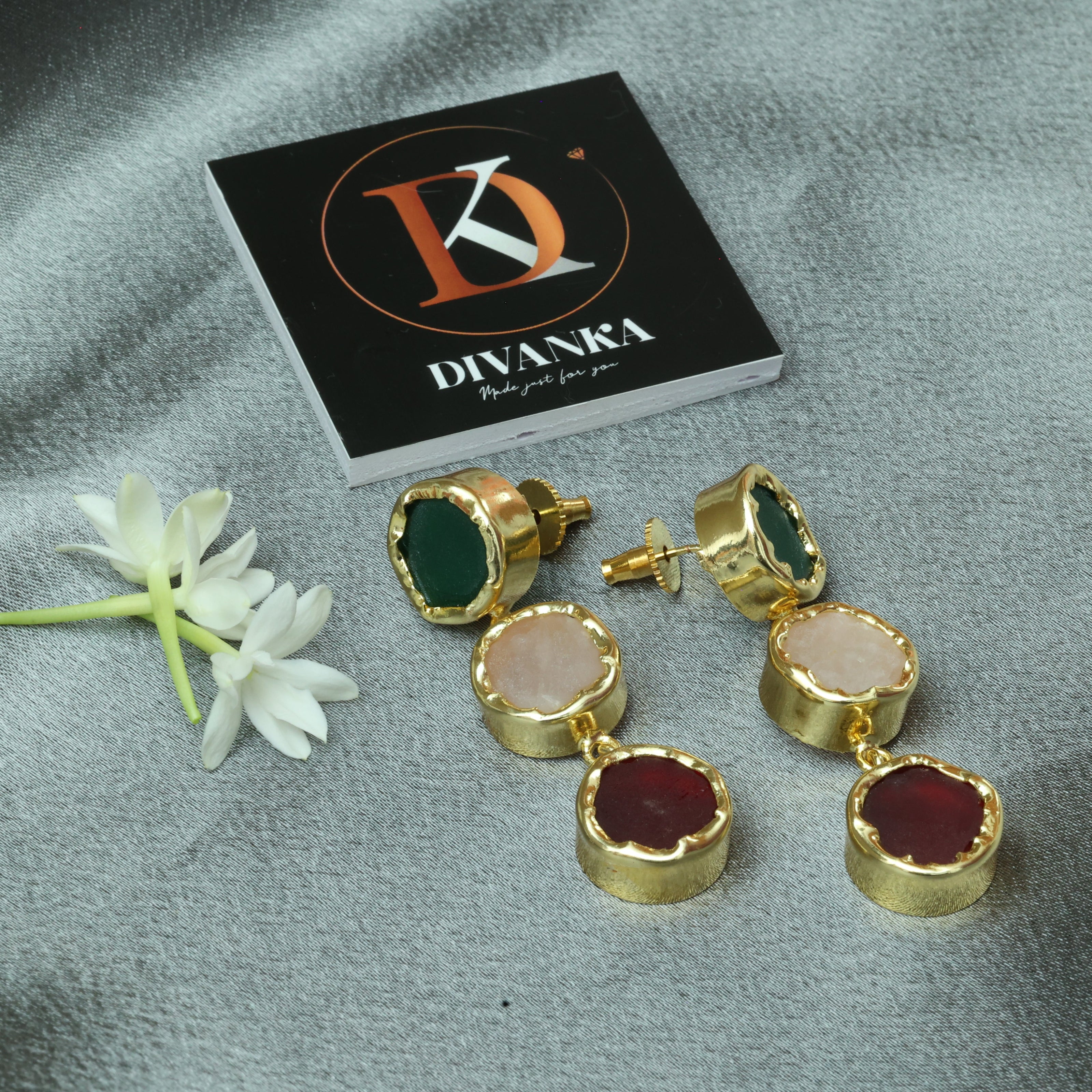 Trio Charm Multicolour Natural Stone Earrings 18K Gold Plated