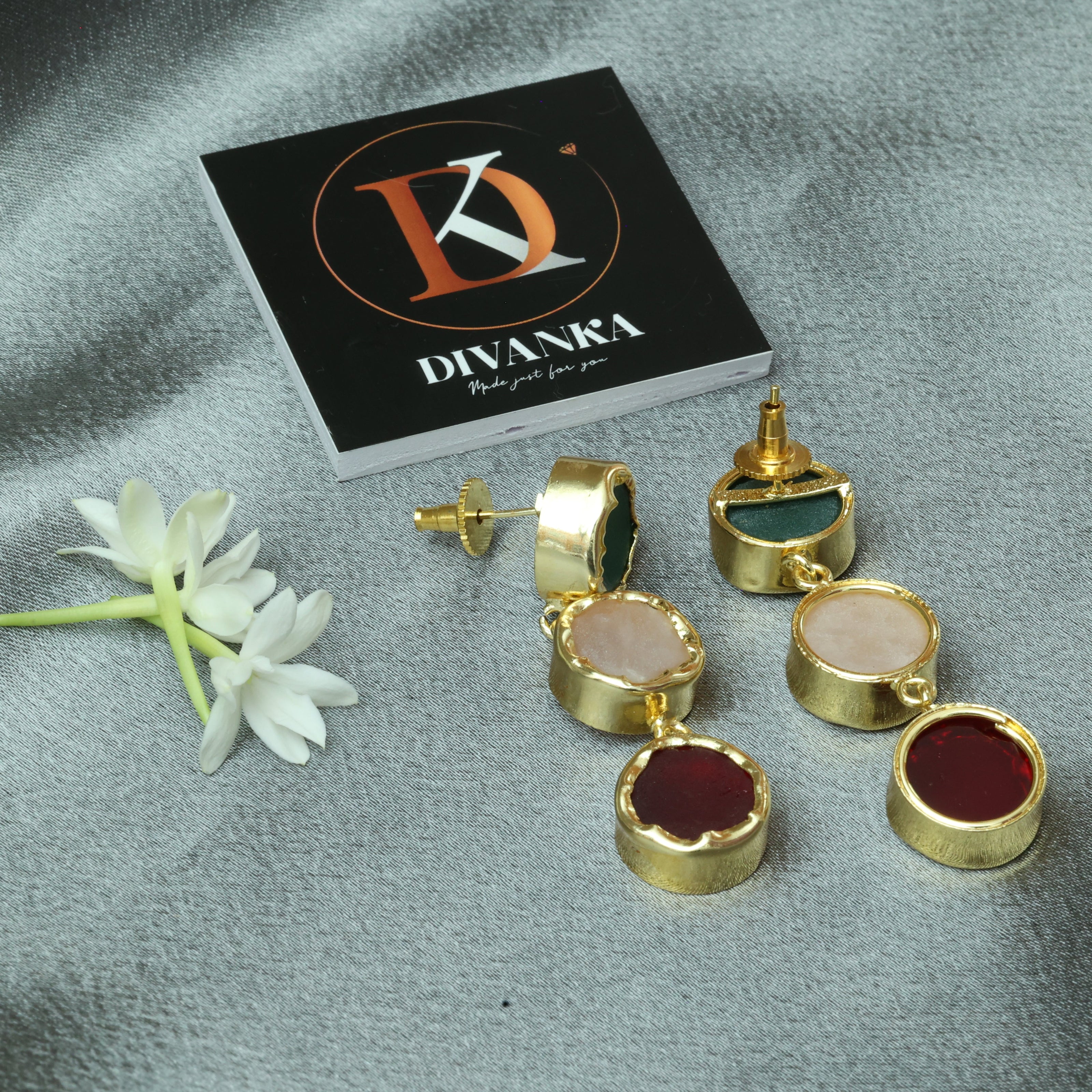 Trio Charm Multicolour Natural Stone Earrings 18K Gold Plated