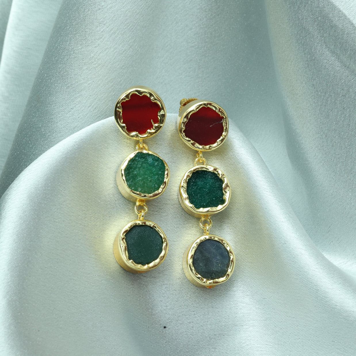 Trio Charm Multicolour Natural Stone Earrings 18K Gold Plated