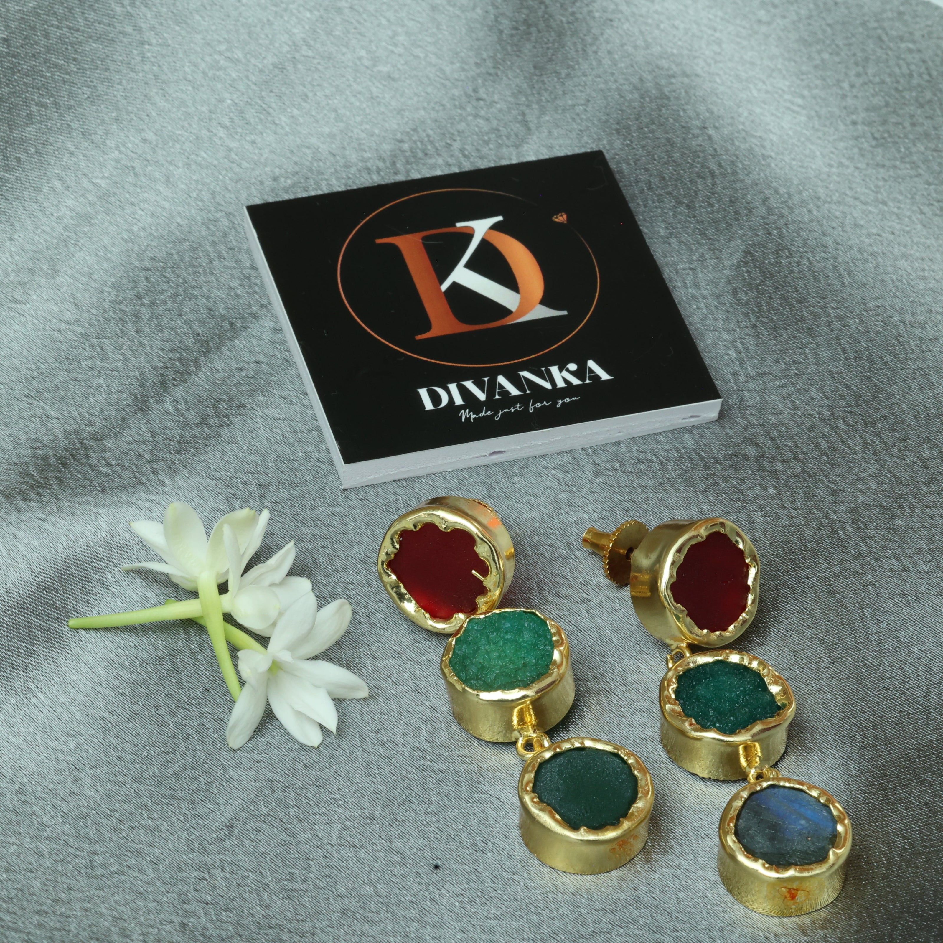 Trio Charm Multicolour Natural Stone Earrings 18K Gold Plated