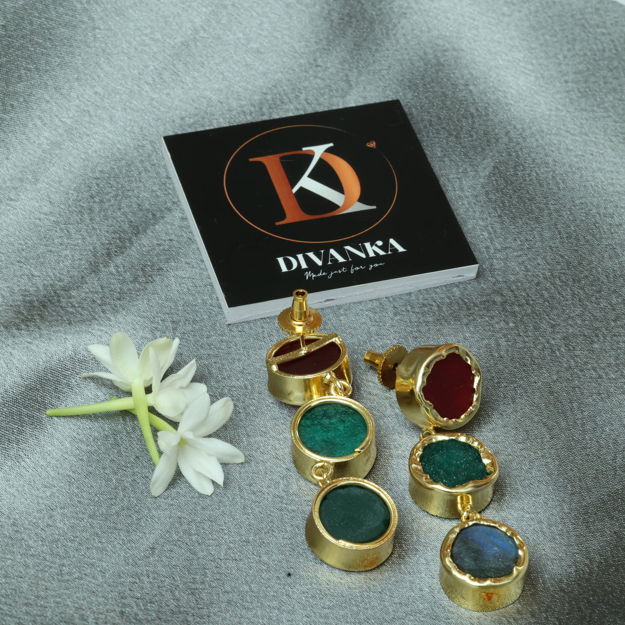 Trio Charm Multicolour Natural Stone Earrings 18K Gold Plated