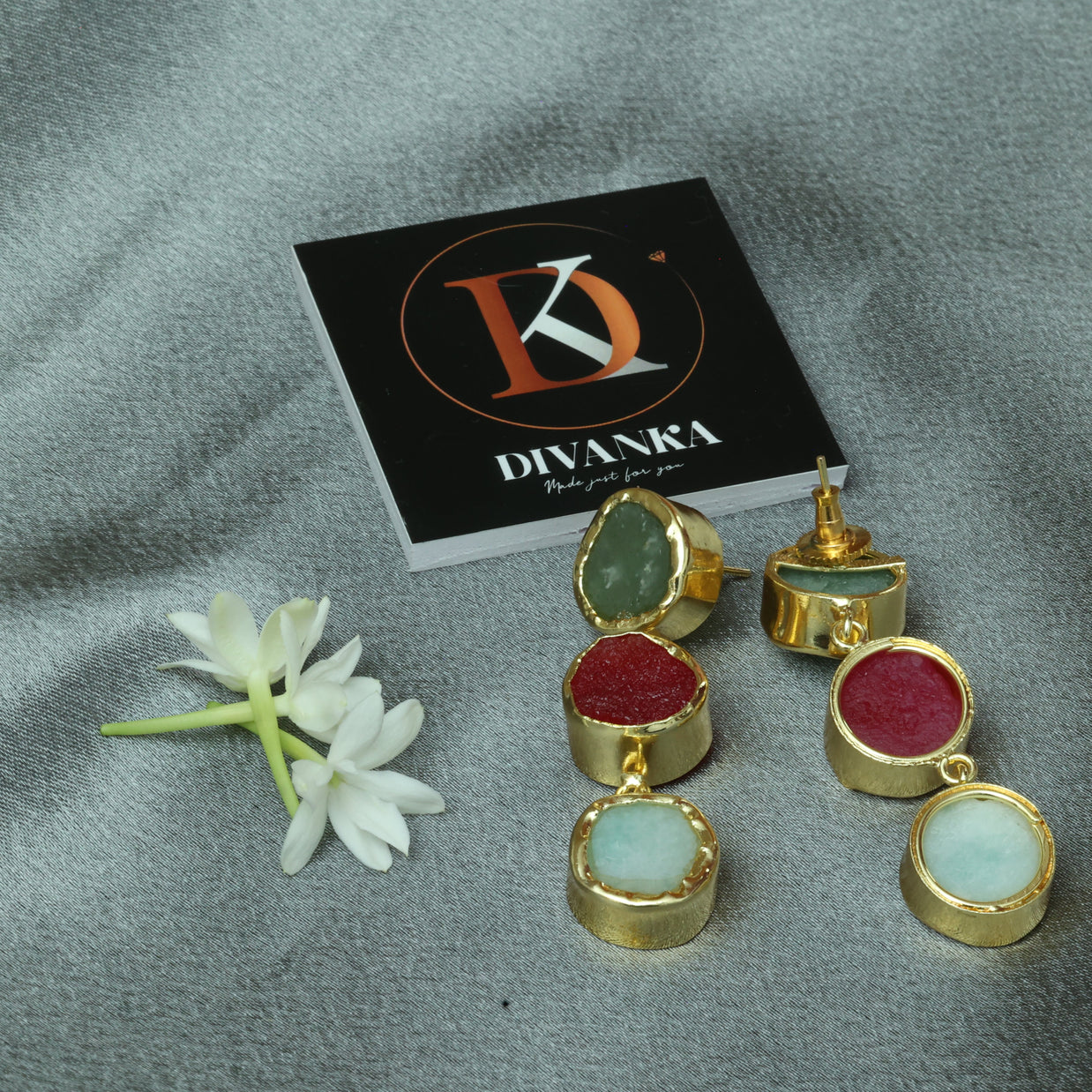 Trio Charm Multicolour Natural Stone Earrings 18K Gold Plated