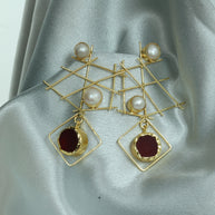 Aurora Matrix Pearl And Red Natural Stone Earrings 18K Gold Plated