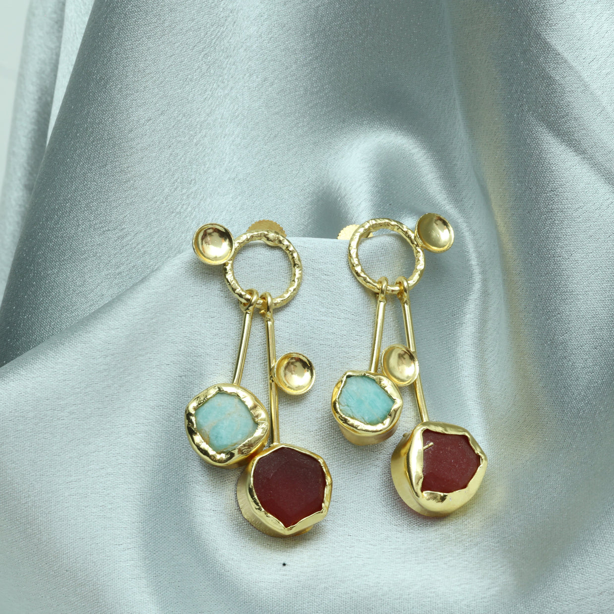 Lustrous Pair Natural Stone Earrings 18K Gold Plated