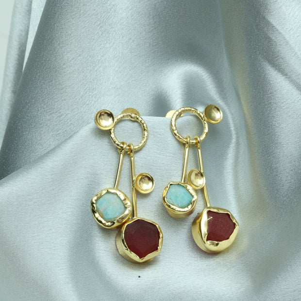 Lustrous Pair Natural Stone Earrings 18K Gold Plated