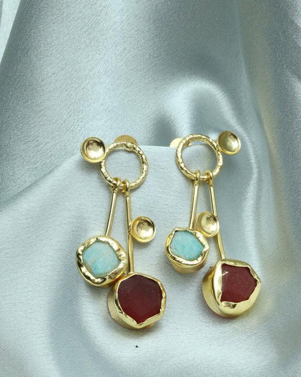 Lustrous Pair Natural Stone Earrings 18K Gold Plated