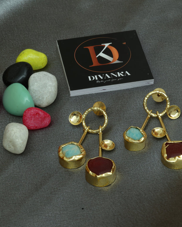 Lustrous Pair Natural Stone Earrings 18K Gold Plated