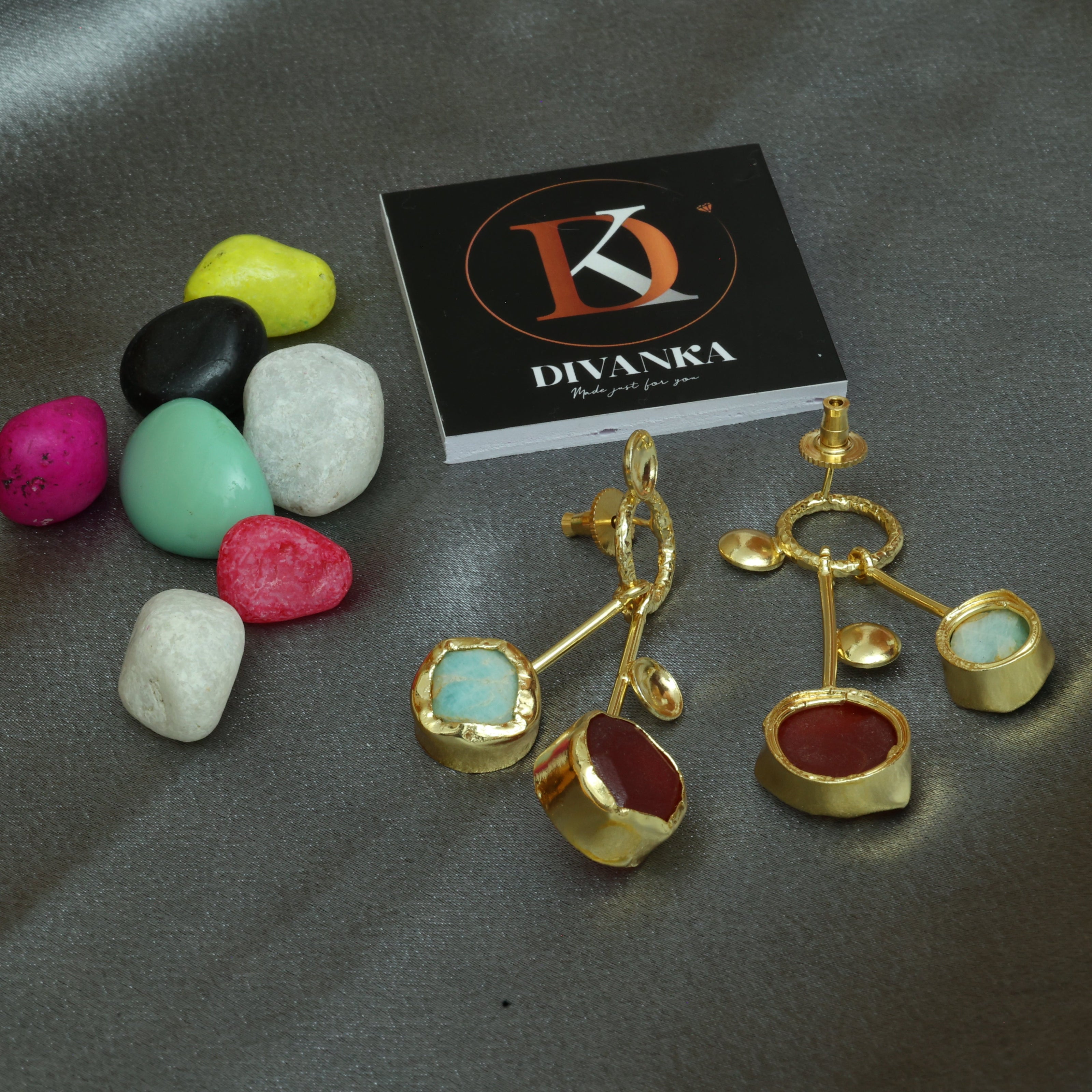 Lustrous Pair Natural Stone Earrings 18K Gold Plated