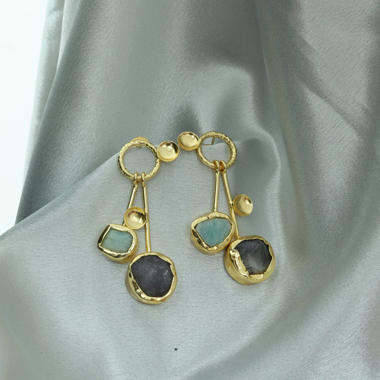 Lustrous Pair Natural Stone Earrings 18K Gold Plated