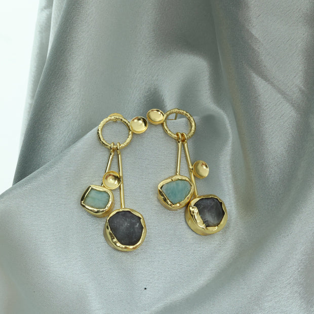 Lustrous Pair Natural Stone Earrings 18K Gold Plated