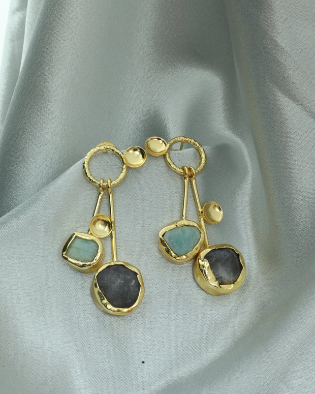 Lustrous Pair Natural Stone Earrings 18K Gold Plated