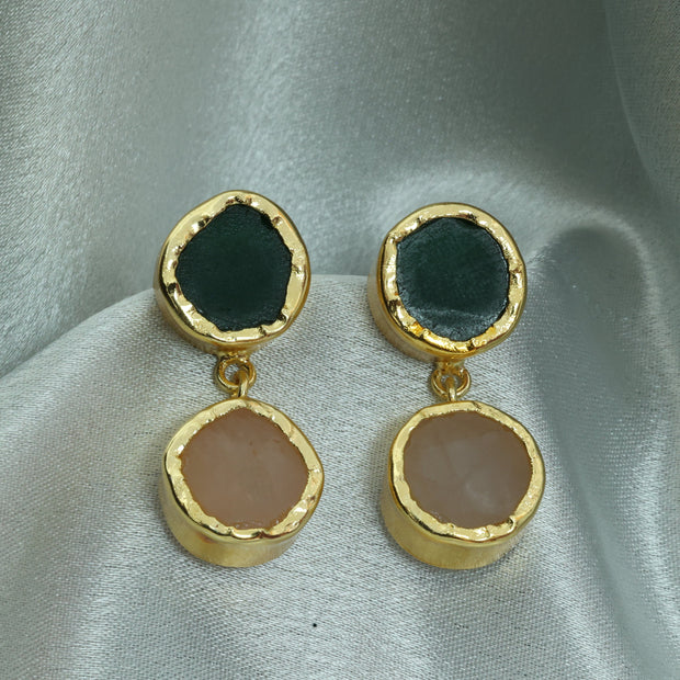 Dual Halo Natural Stone Earrings 18K Gold Plated
