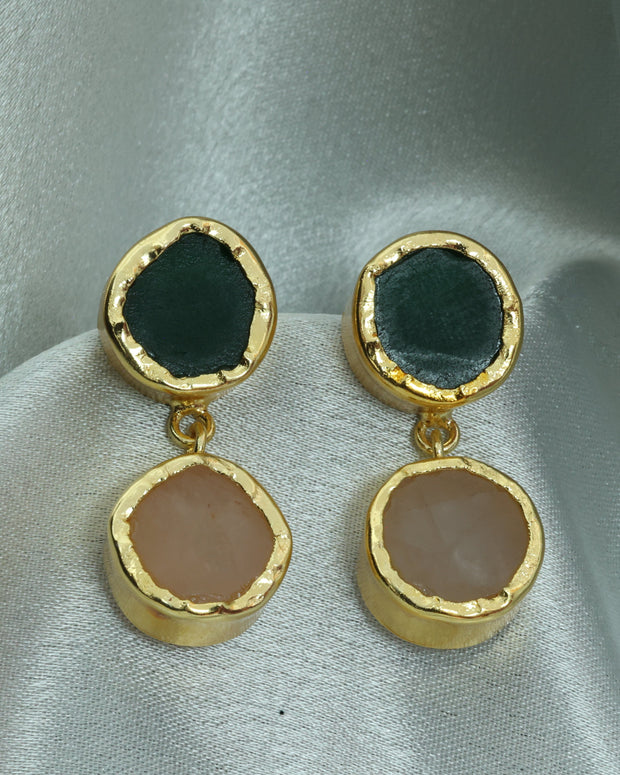 Dual Halo Natural Stone Earrings 18K Gold Plated