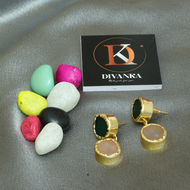 Dual Halo Natural Stone Earrings 18K Gold Plated