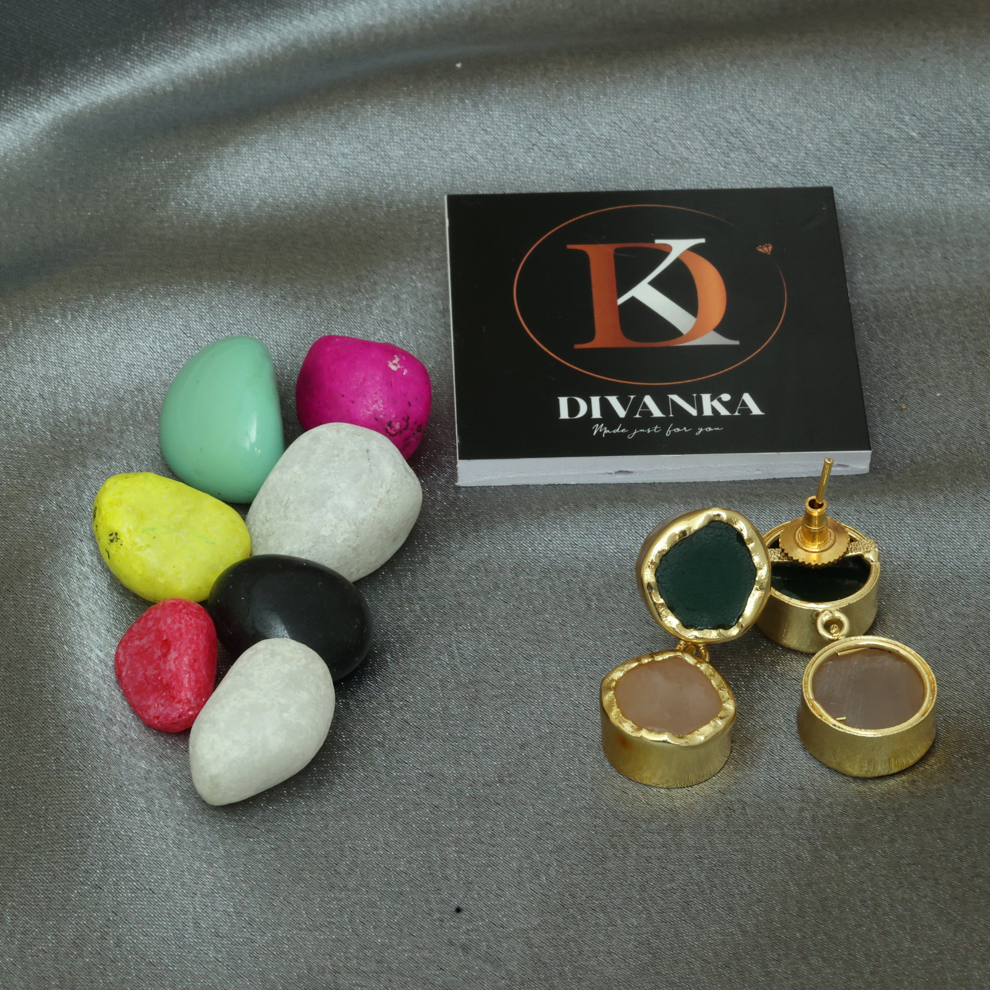 Dual Halo Natural Stone Earrings 18K Gold Plated