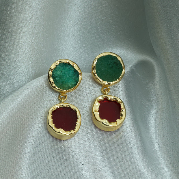 Dual Halo Natural Stone Earrings 18K Gold Plated