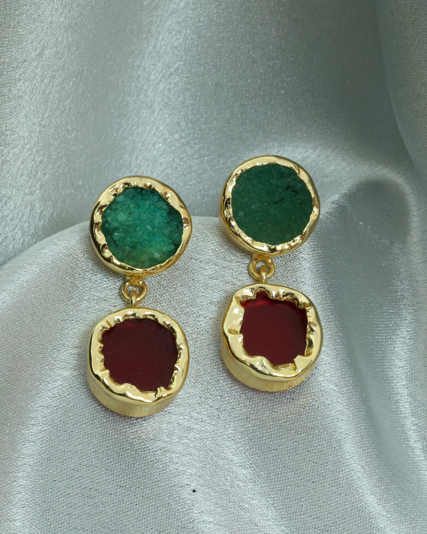Dual Halo Natural Stone Earrings 18K Gold Plated