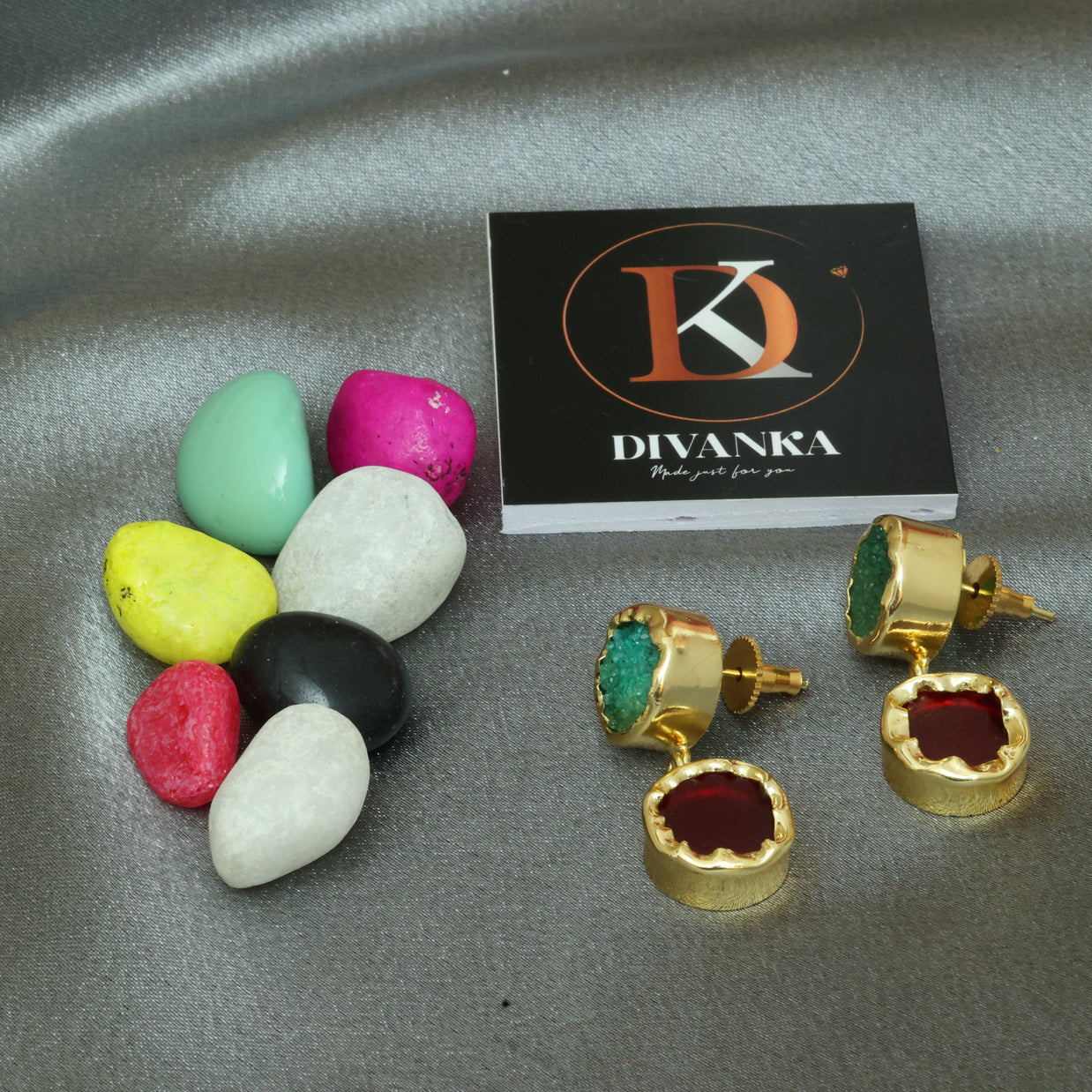 Dual Halo Natural Stone Earrings 18K Gold Plated