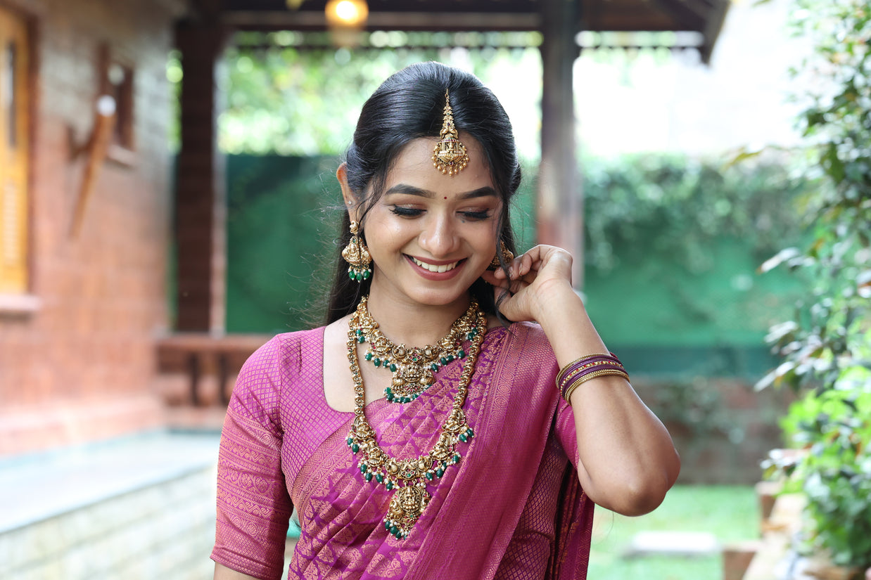 Temple Lakshmi Bridal Combo With Emerald Beads