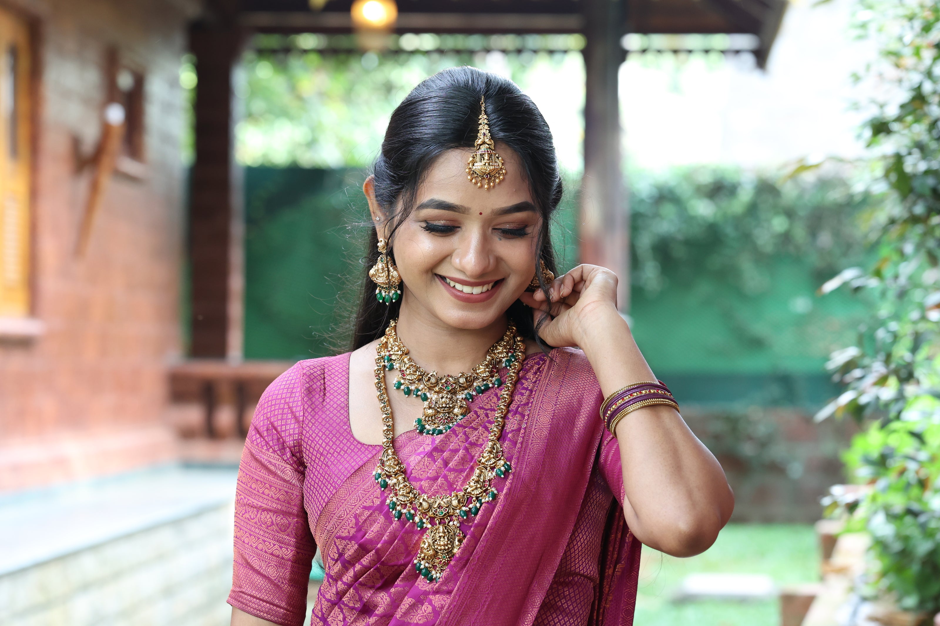 Temple Lakshmi Bridal Combo With Emerald Beads