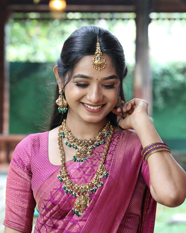 Temple Lakshmi Bridal Combo With Emerald Beads