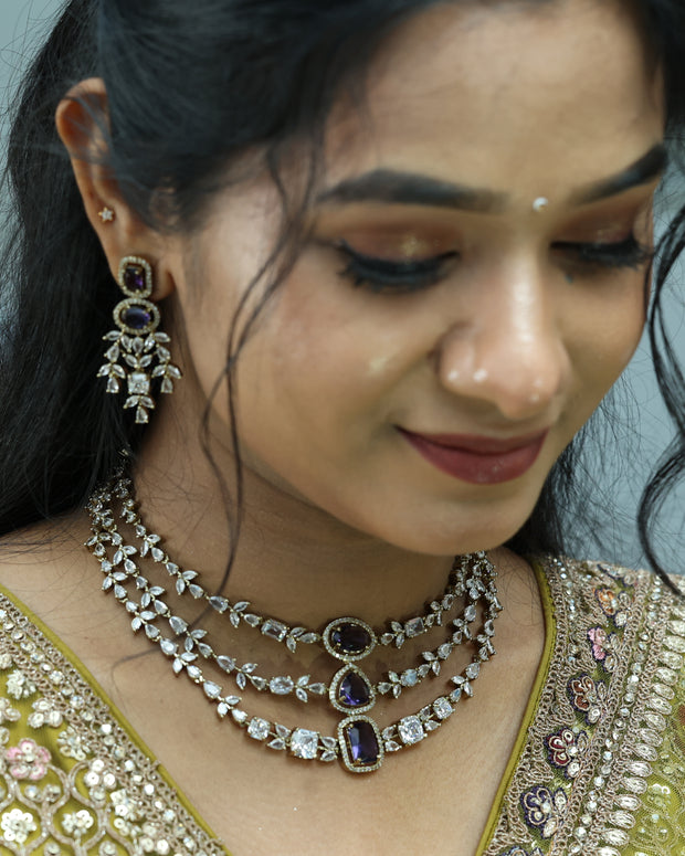 Premium 3 Layer Victorian Ad Amethyst Necklace Set