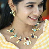 Natural Stone Multicolour Leaf Necklace Set 18K Gold Plated