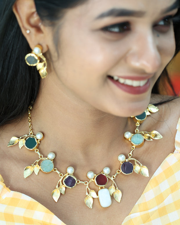 Natural Stone Multicolour Leaf Necklace Set 18K Gold Plated
