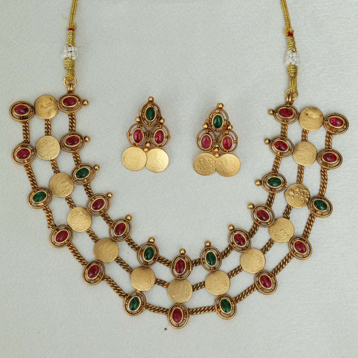 3 Layer Ruby And Emerald Coin Choker Set